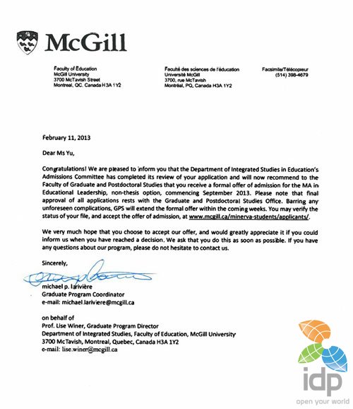 麦吉尔大学教育学硕士无条件录取!