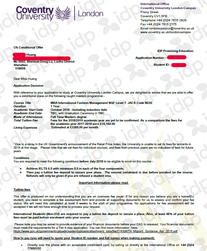 黄同学考文垂大学录取offer