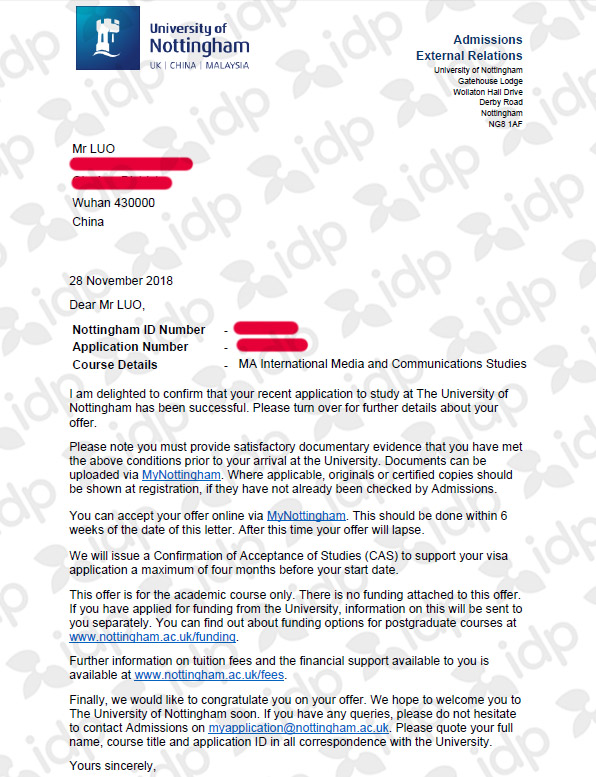 罗同学诺丁汉大学offer